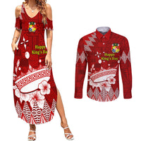 Personalised Tonga King Tupou I Day Couples Matching Summer Maxi Dress and Long Sleeve Button Shirt Tongan Ngatu Pattern With Crown LT14 Red - Polynesian Pride