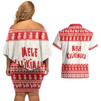 Red Mele Kalikimaka Hawaii Couples Matching Off Shoulder Short Dress and Hawaiian Shirt Funny Ho Ho Ho Santa Shaka - Polynesian Pride