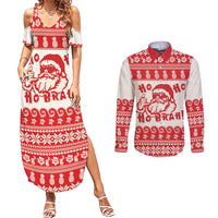 Red Mele Kalikimaka Hawaii Couples Matching Summer Maxi Dress and Long Sleeve Button Shirt Funny Ho Ho Ho Santa Shaka - Polynesian Pride
