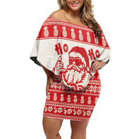 Red Mele Kalikimaka Hawaii Off Shoulder Short Dress Funny Ho Ho Ho Santa Shaka - Polynesian Pride