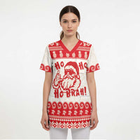 Red Mele Kalikimaka Hawaii Scrub Top Funny Ho Ho Ho Santa Shaka - Polynesian Pride