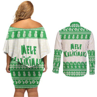 Green Mele Kalikimaka Hawaii Couples Matching Off Shoulder Short Dress and Long Sleeve Button Shirt Funny Ho Ho Ho Santa Shaka - Polynesian Pride