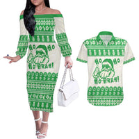 Green Mele Kalikimaka Hawaii Couples Matching Off The Shoulder Long Sleeve Dress and Hawaiian Shirt Funny Ho Ho Ho Santa Shaka LT14 Green - Polynesian Pride