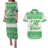 Green Mele Kalikimaka Hawaii Couples Matching Puletasi and Hawaiian Shirt Funny Ho Ho Ho Santa Shaka - Polynesian Pride