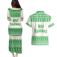 Green Mele Kalikimaka Hawaii Couples Matching Puletasi and Hawaiian Shirt Funny Ho Ho Ho Santa Shaka - Polynesian Pride