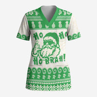 Green Mele Kalikimaka Hawaii Scrub Top Funny Ho Ho Ho Santa Shaka - Polynesian Pride