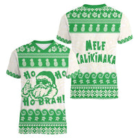 Green Mele Kalikimaka Hawaii Women V-Neck T-Shirt Funny Ho Ho Ho Santa Shaka LT14 - Polynesian Pride