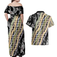 Black Palaka Hawaii Leis Couples Matching Off Shoulder Maxi Dress and Hawaiian Shirt Hawaiian-plaid Elegant Tropical Vibes - Polynesian Pride