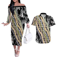 Black Palaka Hawaii Leis Couples Matching Off The Shoulder Long Sleeve Dress and Hawaiian Shirt Hawaiian-plaid Elegant Tropical Vibes LT14 Black - Polynesian Pride