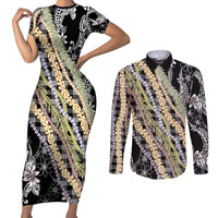 Black Palaka Hawaii Leis Couples Matching Short Sleeve Bodycon Dress and Long Sleeve Button Shirt Hawaiian-plaid Elegant Tropical Vibes - Polynesian Pride