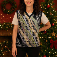 Black Palaka Hawaii Leis Christmas Knitted V-Neck Vest Hawaiian-plaid Elegant Tropical Vibes - Polynesian Pride