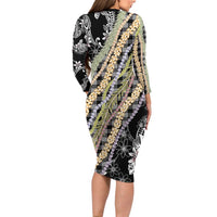 Black Palaka Hawaii Leis Long Sleeve Bodycon Dress Hawaiian-plaid Elegant Tropical Vibes - Polynesian Pride