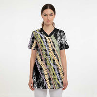 Black Palaka Hawaii Leis Scrub Top Hawaiian-plaid Elegant Tropical Vibes - Polynesian Pride