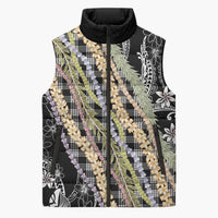 Black Palaka Hawaii Leis Sleeveless Puffer Jacket Hawaiian-plaid Elegant Tropical Vibes - Polynesian Pride