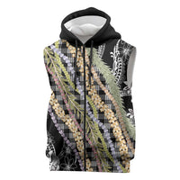 Black Palaka Hawaii Leis Sleeveless Zip Hoodie Hawaiian-plaid Elegant Tropical Vibes LT14 Black - Polynesian Pride