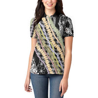 Black Palaka Hawaii Leis Women Polo Shirt Hawaiian-plaid Elegant Tropical Vibes - Polynesian Pride
