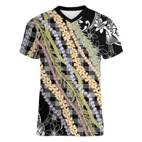 Black Palaka Hawaii Leis Women V-Neck T-Shirt Hawaiian-plaid Elegant Tropical Vibes - Polynesian Pride