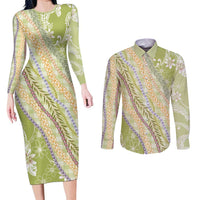 Green Palaka Hawaii Leis Couples Matching Long Sleeve Bodycon Dress and Long Sleeve Button Shirt Hawaiian-plaid Elegant Tropical Vibes - Polynesian Pride