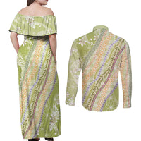 Green Palaka Hawaii Leis Couples Matching Off Shoulder Maxi Dress and Long Sleeve Button Shirt Hawaiian-plaid Elegant Tropical Vibes - Polynesian Pride