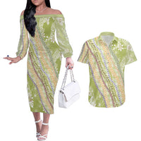 Green Palaka Hawaii Leis Couples Matching Off The Shoulder Long Sleeve Dress and Hawaiian Shirt Hawaiian-plaid Elegant Tropical Vibes - Polynesian Pride