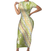 Green Palaka Hawaii Leis Short Sleeve Bodycon Dress Hawaiian-plaid Elegant Tropical Vibes LT14 Long Dress Green - Polynesian Pride