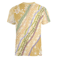 Yellow Palaka Hawaii Leis Women V-Neck T-Shirt Hawaiian-plaid Elegant Tropical Vibes - Polynesian Pride