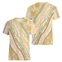Yellow Palaka Hawaii Leis Women V-Neck T-Shirt Hawaiian-plaid Elegant Tropical Vibes - Polynesian Pride