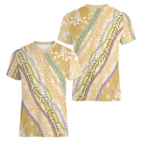 Yellow Palaka Hawaii Leis Women V-Neck T-Shirt Hawaiian-plaid Elegant Tropical Vibes - Polynesian Pride