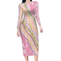 Pink Palaka Hawaii Leis Long Sleeve Bodycon Dress Hawaiian-plaid Elegant Tropical Vibes - Polynesian Pride