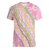 Pink Palaka Hawaii Leis Women V-Neck T-Shirt Hawaiian-plaid Elegant Tropical Vibes - Polynesian Pride