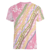 Pink Palaka Hawaii Leis Women V-Neck T-Shirt Hawaiian-plaid Elegant Tropical Vibes - Polynesian Pride