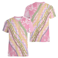 Pink Palaka Hawaii Leis Women V-Neck T-Shirt Hawaiian-plaid Elegant Tropical Vibes - Polynesian Pride