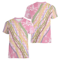 Pink Palaka Hawaii Leis Women V-Neck T-Shirt Hawaiian-plaid Elegant Tropical Vibes - Polynesian Pride