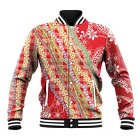 Red Palaka Hawaii Leis Baseball Jacket Hawaiian-plaid Elegant Tropical Vibes - Polynesian Pride