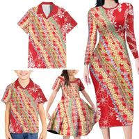 Red Palaka Hawaii Leis Family Matching Long Sleeve Bodycon Dress and Hawaiian Shirt Hawaiian-plaid Elegant Tropical Vibes - Polynesian Pride