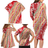 Red Palaka Hawaii Leis Family Matching Long Sleeve Bodycon Dress and Hawaiian Shirt Hawaiian-plaid Elegant Tropical Vibes - Polynesian Pride