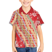 Red Palaka Hawaii Leis Family Matching Long Sleeve Bodycon Dress and Hawaiian Shirt Hawaiian-plaid Elegant Tropical Vibes - Polynesian Pride