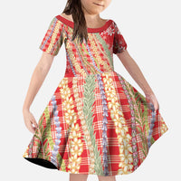 Red Palaka Hawaii Leis Kid Short Sleeve Dress Hawaiian-plaid Elegant Tropical Vibes - Polynesian Pride