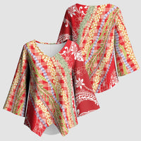 Red Palaka Hawaii Leis Kimono Sleeve Blouse Hawaiian-plaid Elegant Tropical Vibes - Polynesian Pride