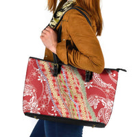 Red Palaka Hawaii Leis Leather Tote Bag Hawaiian-plaid Elegant Tropical Vibes - Polynesian Pride