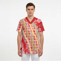 Red Palaka Hawaii Leis Scrub Top Hawaiian-plaid Elegant Tropical Vibes - Polynesian Pride