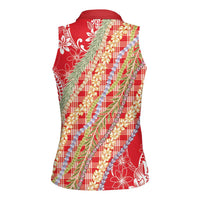 Red Palaka Hawaii Leis Women Sleeveless Polo Shirt Hawaiian-plaid Elegant Tropical Vibes - Polynesian Pride