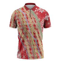 Red Palaka Hawaii Leis Zipper Polo Shirt Hawaiian-plaid Elegant Tropical Vibes - Polynesian Pride