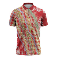 Red Palaka Hawaii Leis Zipper Polo Shirt Hawaiian-plaid Elegant Tropical Vibes LT14 Red - Polynesian Pride