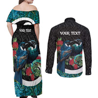 Personalised Valentine's Day New Zealand Couples Matching Off Shoulder Maxi Dress and Long Sleeve Button Shirt Tui Bird Couple Kowhaiwhai Mix Pohutukawa