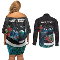 Personalised Valentine's Day New Zealand Couples Matching Off Shoulder Short Dress and Long Sleeve Button Shirt Tui Bird Couple Kowhaiwhai Mix Pohutukawa
