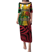 Vanuatu Independence Day Puletasi Long God Yumi Stanap Happy 46th Anniversary LT14 Long Dress Reggae - Polynesian Pride