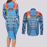 Fiji Day Couples Matching Long Sleeve Bodycon Dress and Long Sleeve Button Shirt Happy 54 Years Of Independence Tapa Pattern Blue