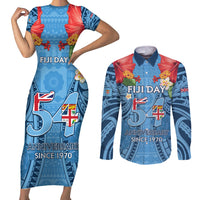 Fiji Day Couples Matching Short Sleeve Bodycon Dress and Long Sleeve Button Shirt Happy 54 Years Of Independence Tapa Pattern Blue