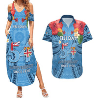 Fiji Day Couples Matching Summer Maxi Dress and Hawaiian Shirt Happy 54 Years Of Independence Tapa Pattern Blue